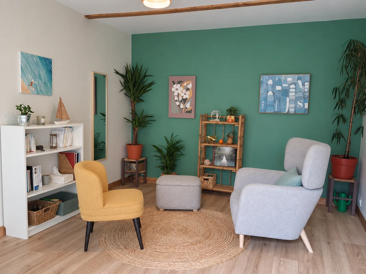 Les fauteuils et les tons sauge du cabinet de Baptiste Martin